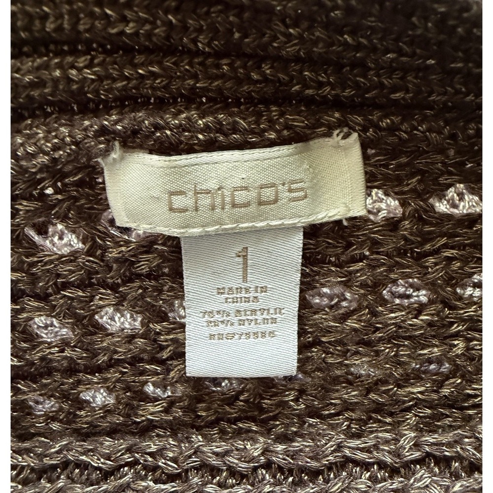 CHICOS 1 M Bronze Metallic Open‎ Knit Crochet Chunky Knit Dolman Sleeve Sweater - Picture 10 of 10